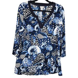 Traveler's Classic Seashell Chicos Size 2 Blue & White  V-Neck 3/4 Sleeve Top